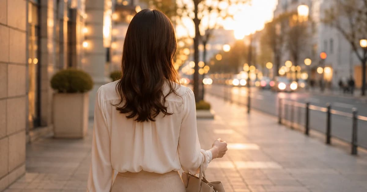夕暮れの街を歩く女性の後ろ姿のイメージ写真