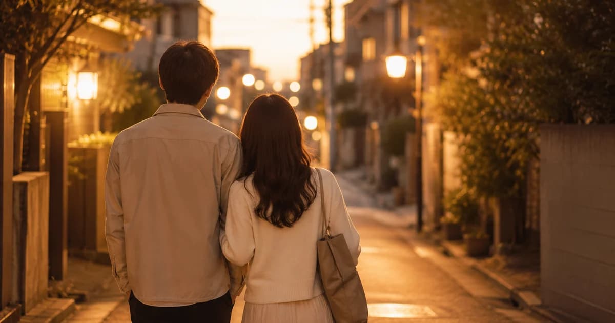 夕暮れの街を並んで歩く二人の後ろ姿のイメージ写真
