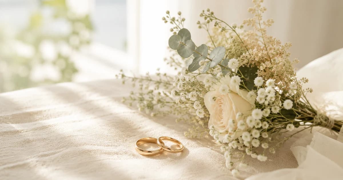 白い花束と二つの結婚指輪のイメージ写真