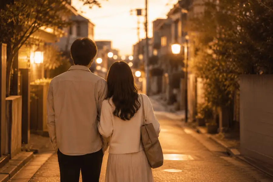 夕暮れの街を並んで歩くふたり
